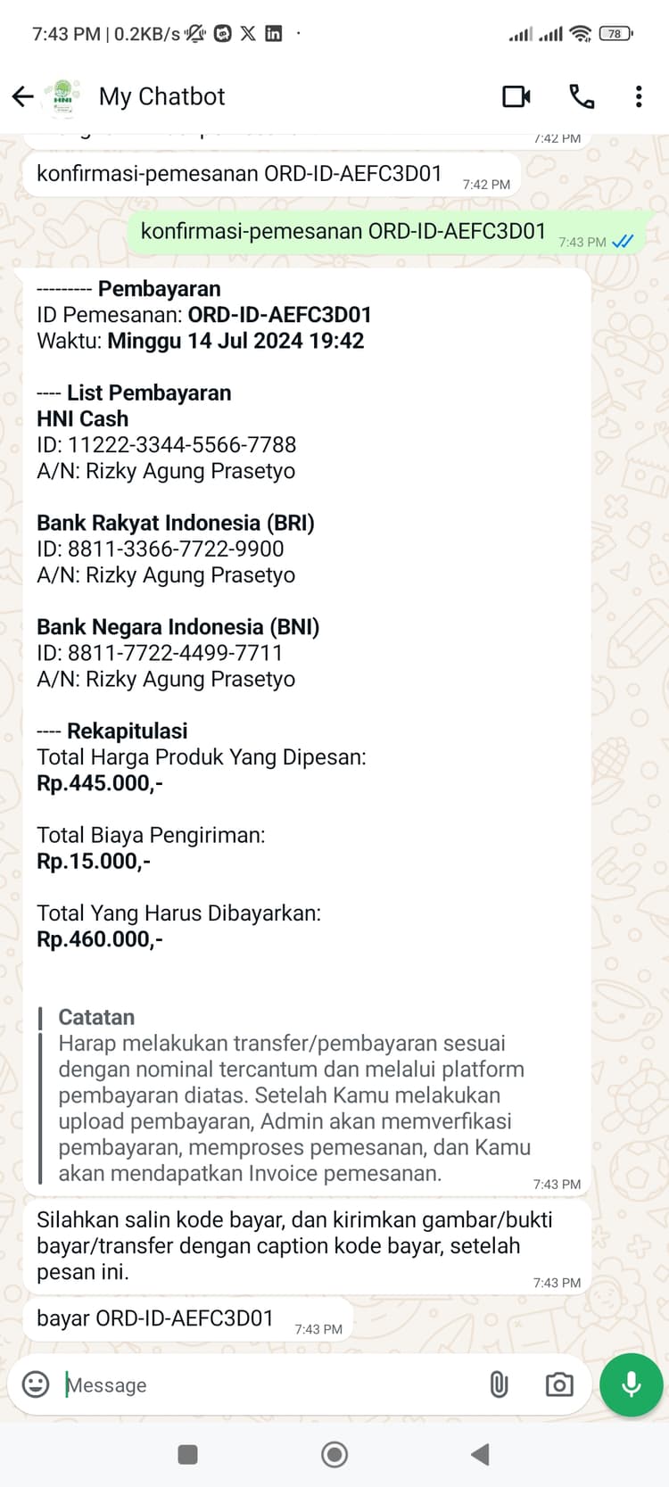 Hani Assistant - Payment & Order confirmation