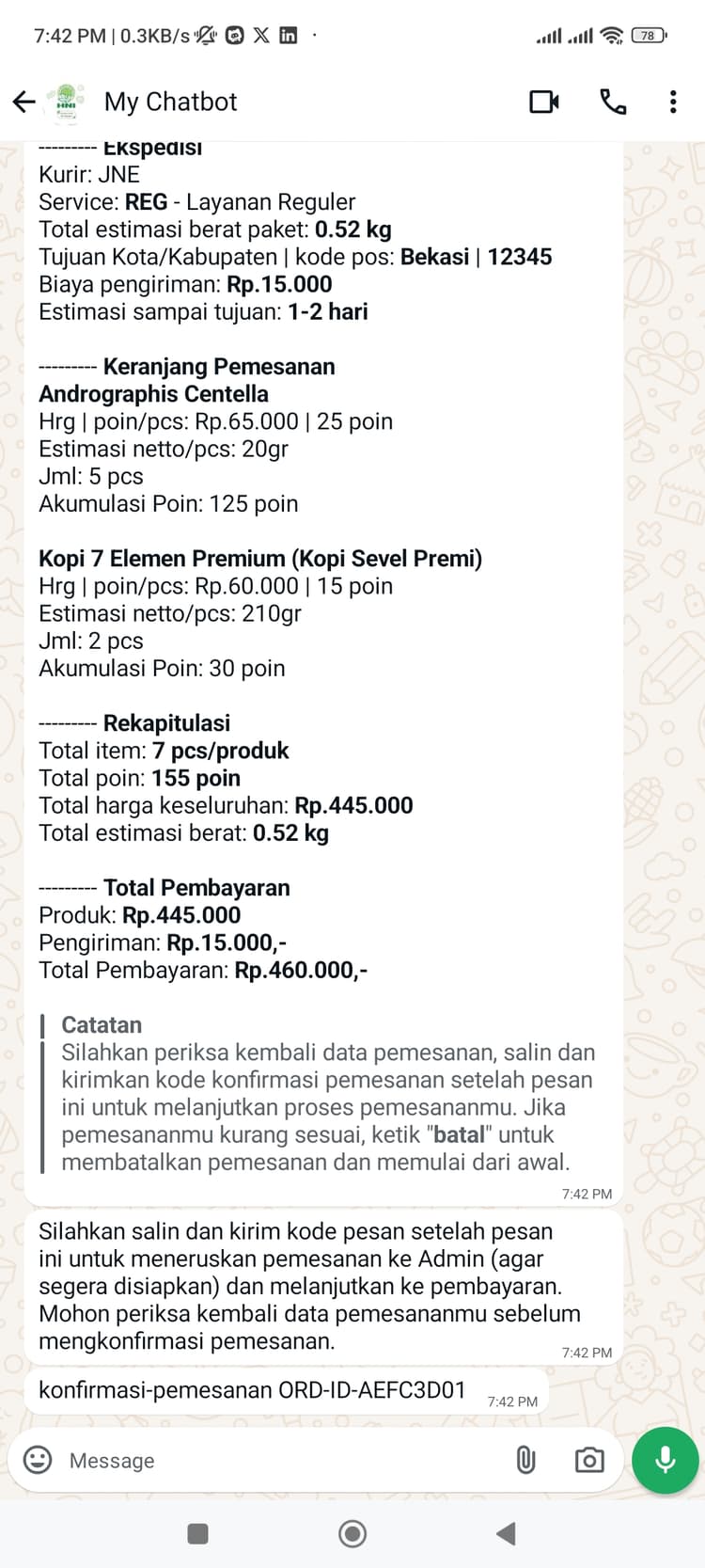 Hani Assistant - Order form displayed