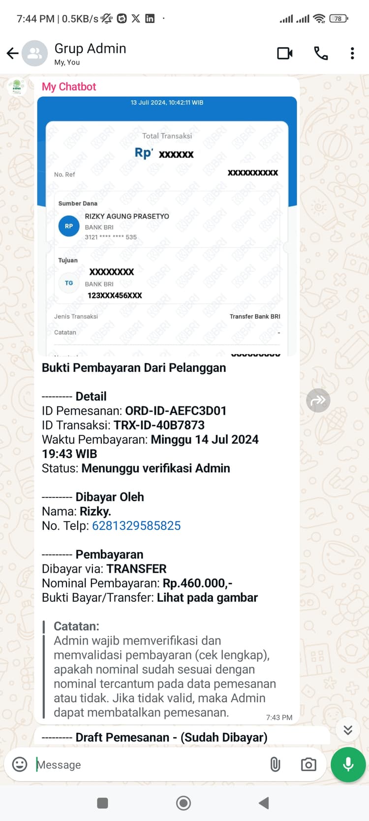 Hani Assistant - Admin receive payment proof