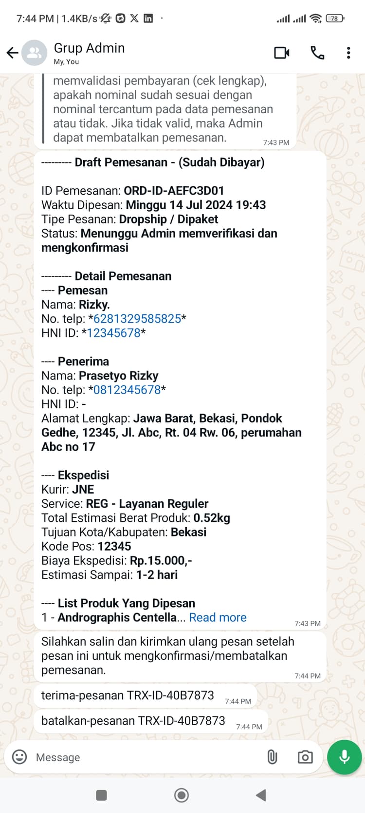 Hani Assistant - Admin verifies payment proof