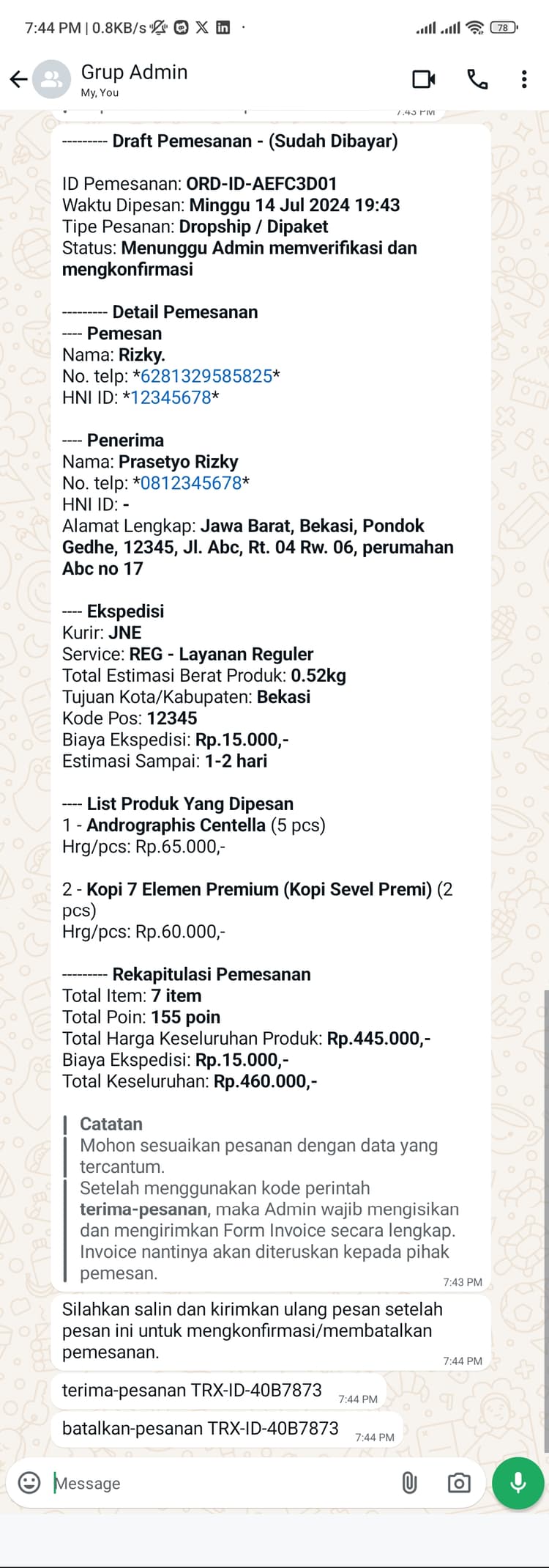 Hani Assistant - Payment proof & order details