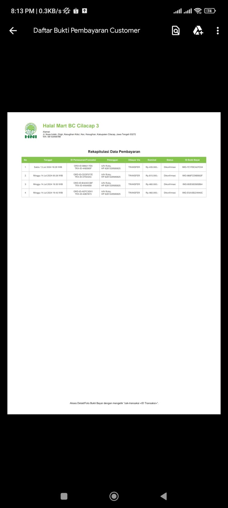 Hani Assistant - The transaction list in PDF