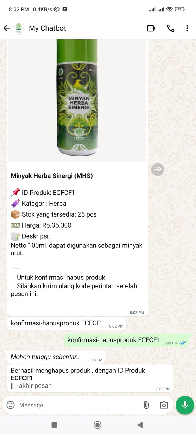 Hani Assistant - Admin confirm delete product